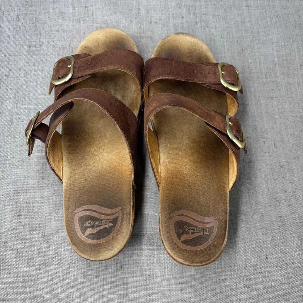 Dansko Sophie Brown Leather Dual Strap Buckle Wedge Slide Sandals Eu Size 37